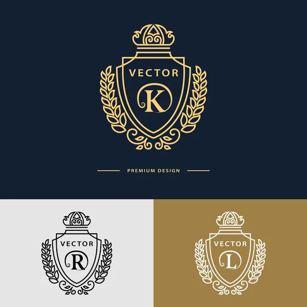 Linje grafik monogram. Elegant art Logotypdesign. Bokstaven K, R, L. Emblem mall. Business tecken, identitet för restaurang, Royalty, Boutique, Cafe, Hotell, heraldiska, smycken, mode. Vektorelement — Stock vektor