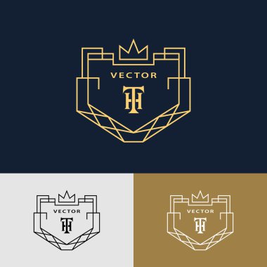 Çizgi grafik monogramı. Taçlı soyut logo. Trendy mono line tarzında vektör şablonu. Mektup amblemi Th. Şirket logosu, Restoran, Royalty, Boutique, Cafe, Otel için Minimal Tasarım elemanları