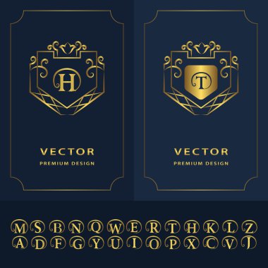 Çizgi grafik monogramı. Modern yaratıcı kartlar. Soyut logo, alfabe. Vektör şablonu. Altın mektup amblemi H, T. Şirket logosu, Restoran, Royalty, Boutique, Cafe, Otel için Minimal Tasarım elemanları