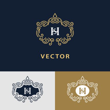 Çizgi grafik monogram. Zarif sanat logo tasarımı. Mektup Sh. Graceful şablonu. İş işareti, Restoran, telif, butik, kafe, otel, Heraldic, takı, moda için kimlik. Vektör öğeleri