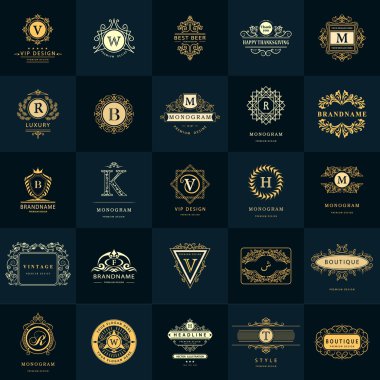Çizgi grafik monogram. Vintage logo tasarım şablonları kümesi. İş işareti mektup amblemi. Vektör Logotype öğeleri koleksiyonu, simgeleri simgeleri, Retro etiketleri, rozetleri, siluetleri. Prim toplama