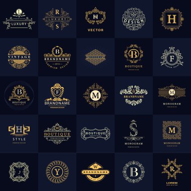 Çizgi grafik monogram. Vintage logo tasarım şablonları kümesi. İş işareti mektup amblemi. Vektör Logotype öğeleri koleksiyonu, simgeleri simgeleri, Retro etiketleri, rozetleri, siluetleri. Prim toplama