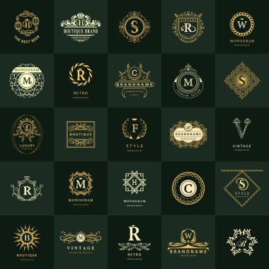 Çizgi grafik monogram. Vintage logo tasarım şablonları kümesi. İş işareti mektup amblemi. Vektör Logotype öğeleri koleksiyonu, simgeleri simgeleri, Retro etiketleri, rozetleri, siluetleri. Prim toplama