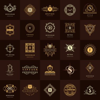 Çizgi grafik monogram. Vintage logo tasarım şablonları kümesi. İş işareti mektup amblemi. Vektör Logotype öğeleri koleksiyonu, simgeleri simgeleri, Retro etiketleri, rozetleri, siluetleri. Prim toplama