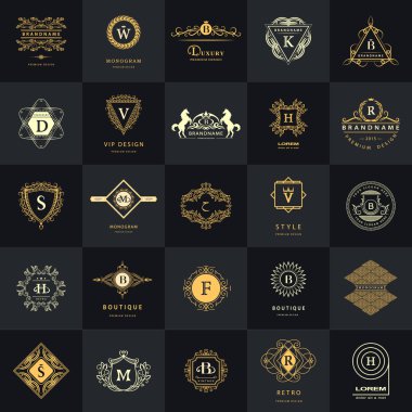 Çizgi grafik monogram. Vintage logo tasarım şablonları kümesi. İş işareti mektup amblemi. Vektör Logotype öğeleri koleksiyonu, simgeleri simgeleri, Retro etiketleri, rozetleri, siluetleri. Prim toplama