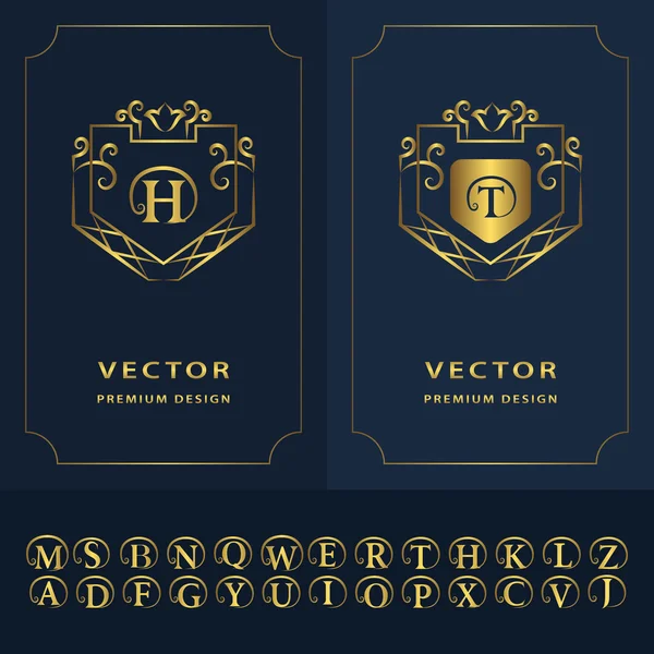 Çizgi grafik monogramı. Modern yaratıcı kartlar. Soyut logo, alfabe. Vektör şablonu. Altın mektup amblemi H, T. Şirket logosu, Restoran, Royalty, Boutique, Cafe, Otel için Minimal Tasarım elemanları