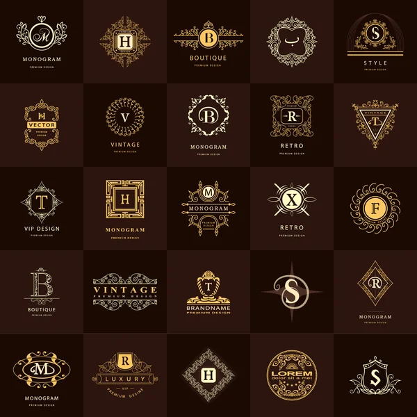 Monogramme graphique en ligne. Ensemble de modèles de conception de logos vintage. Signes d'affaires Emblème de lettre. Logotypes vectoriels collection d'éléments, symboles icônes, étiquettes rétro, insignes, silhouettes. Collection Premium — Image vectorielle