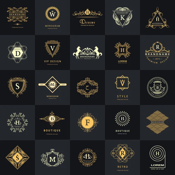 Monograma de gráficos de línea. Conjunto de plantillas de diseño de logotipos vintage. Firma Empresarial Letra emblema. Vector logotipos elementos colección, iconos símbolos, etiquetas retro, insignias, siluetas. Colección Premium — Vector de stock