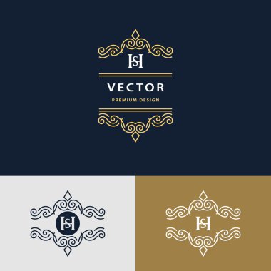 Çizgi grafik monogram. Zarif sanat logo tasarımı. Mektup Sh. Graceful şablonu. İş işareti, Restoran, telif, butik, kafe, otel, Heraldic, takı, moda için kimlik. Vektör öğeleri