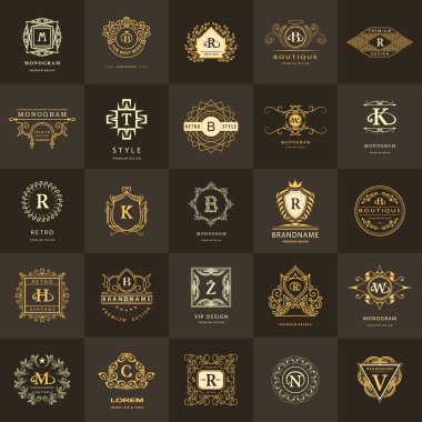 Çizgi grafik monogram. Vintage logo tasarım şablonları kümesi. İş işareti mektup amblemi. Vektör Logotype öğeleri koleksiyonu, simgeleri simgeleri, Retro etiketleri, rozetleri, siluetleri. Prim toplama