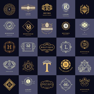 Çizgi grafik monogram. Vintage logo tasarım şablonları kümesi. İş işareti mektup amblemi. Vektör Logotype öğeleri koleksiyonu, simgeleri simgeleri, Retro etiketleri, rozetleri, siluetleri. Prim toplama