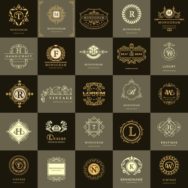 Çizgi grafik monogram. Vintage logo tasarım şablonları kümesi. İş işareti mektup amblemi. Vektör Logotype öğeleri koleksiyonu, simgeleri simgeleri, Retro etiketleri, rozetleri, siluetleri. Prim toplama