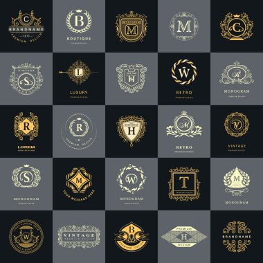 Vintage logo tasarım şablonları kümesi. Logotype öğeleri koleksiyonu, simgeleri simgeleri, Retro etiketleri, rozetleri, siluetleri. Soyut logosu, mektup Amblemler. Sigorta primi koleksiyonu. Vektör çizim