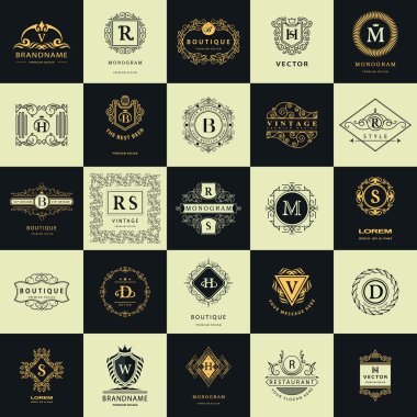 Vintage logo tasarım şablonları kümesi. Logotype öğeleri koleksiyonu, simgeleri simgeleri, Retro etiketleri, rozetleri, siluetleri. Soyut logosu, mektup Amblemler. Sigorta primi koleksiyonu. Vektör çizim