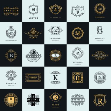 Vintage logo tasarım şablonları kümesi. Logotype öğeleri koleksiyonu, simgeleri simgeleri, Retro etiketleri, rozetleri, siluetleri. Soyut logosu, mektup Amblemler. Sigorta primi koleksiyonu. Vektör çizim