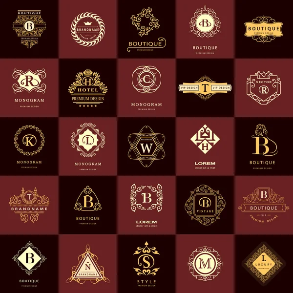 Çizgi grafik monogram. Vintage logo tasarım şablonları kümesi. İş işareti mektup amblemi. Vektör Logotype öğeleri koleksiyonu, simgeleri simgeleri, Retro etiketleri, rozetleri, siluetleri. Prim toplama