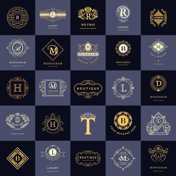 Çizgi grafik monogram. Vintage logo tasarım şablonları kümesi. İş işareti mektup amblemi. Vektör Logotype öğeleri koleksiyonu, simgeleri simgeleri, Retro etiketleri, rozetleri, siluetleri. Prim toplama — Stok Vektör