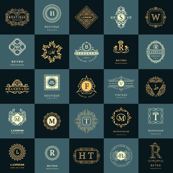 Çizgi grafik monogram. Vintage logo tasarım şablonları kümesi. İş işareti mektup amblemi. Vektör Logotype öğeleri koleksiyonu, simgeleri simgeleri, Retro etiketleri, rozetleri, siluetleri. Prim toplama
