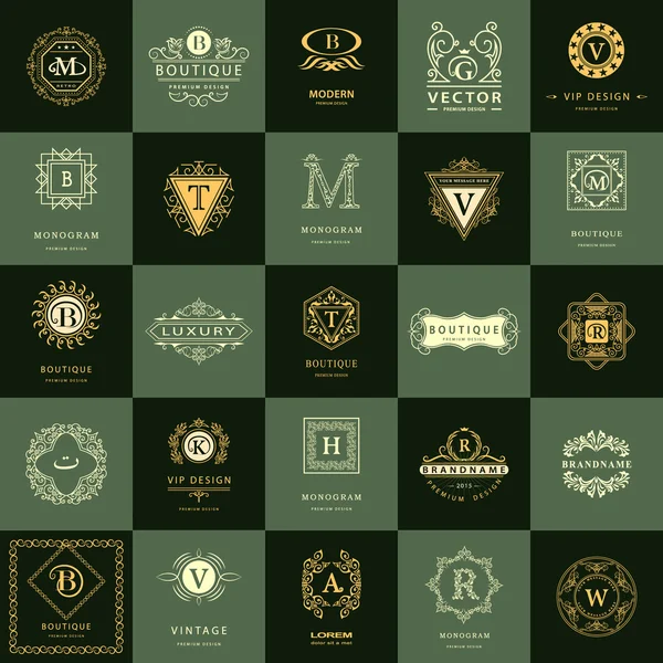 Linje grafik monogram. Vintage logotyper Design mallar Set. Företag tecken bokstav emblem. Vektor logotyper element insamling, ikoner symboler, Retro etiketter, märken, silhuetter. Premium Collection — Stock vektor