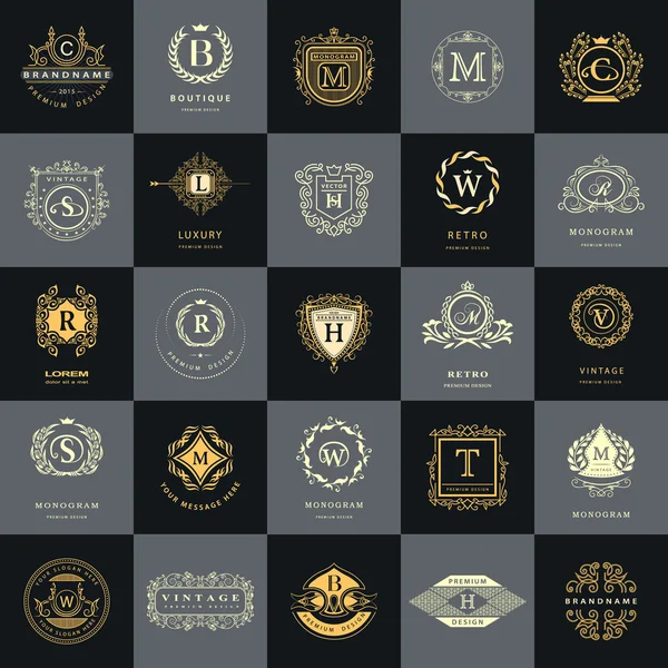 Vintage logo tasarım şablonları kümesi. Logotype öğeleri koleksiyonu, simgeleri simgeleri, Retro etiketleri, rozetleri, siluetleri. Soyut logosu, mektup Amblemler. Sigorta primi koleksiyonu. Vektör çizim