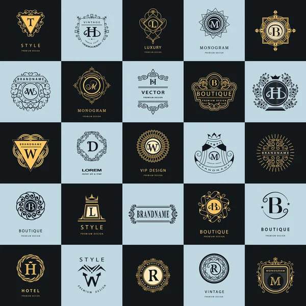 Vintage logo tasarım şablonları kümesi. Logotype öğeleri koleksiyonu, simgeleri simgeleri, Retro etiketleri, rozetleri, siluetleri. Soyut logosu, mektup Amblemler. Sigorta primi koleksiyonu. Vektör çizim