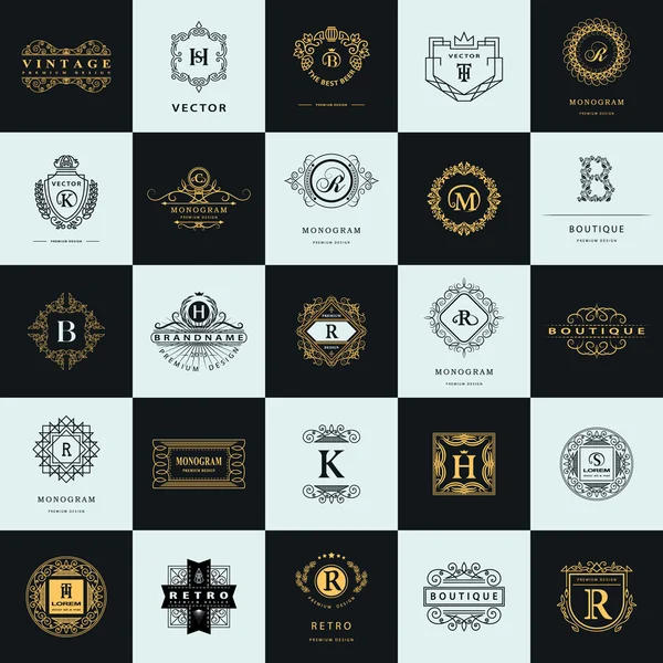 ビンテージ ロゴ デザイン テンプレート セットです。ロゴタイプ要素コレクション、アイコン シンボル、レトロなラベル、バッジ、シルエット。抽象的なロゴ、文字のエンブレム。プレミアム コレクションです。ベクトル図 — ストックベクタ