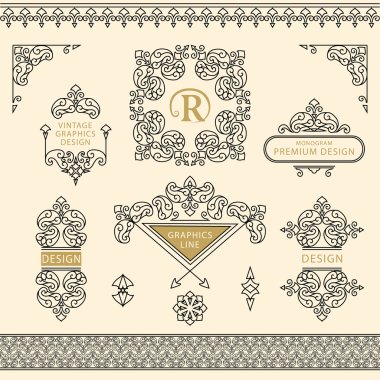 Set of line art frames and borders for design template. Element in Eastern style. letter R. Outline floral frames. Mono line decor for invitations, greeting cards, certificate. Vector illustration clipart