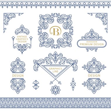 Set of line art frames and borders for design template. Element in Eastern style. letter B. Outline floral frames. Mono line decor for invitations, greeting cards, certificate. Vector illustration clipart