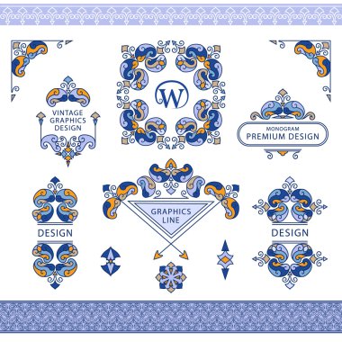 Set of line art frames and borders for design template. Element in Eastern style. letter W. Color floral frames. Mono line decor for invitations, greeting cards, certificate. Vector illustration clipart
