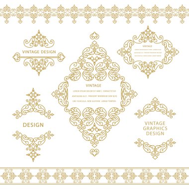 Set of line art frames and borders for design template. Element in Eastern style. Outline floral frames. Mono line decor for invitations, greeting cards, certificate. Vector illustration clipart