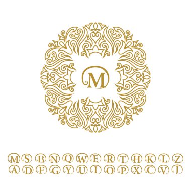 Vintage monogram. Soyut logo, alfabe. Tasarım şablonu için Harf amblemi M. Line sanat süsü. Düğün davetiyeleri, tebrik kartları, sertifika için anahat daire deseni. Vektör altın çerçeve.
