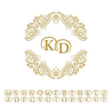 Vintage monogram. Soyut logo, alfabe. Harf amblemi K, D. Tasarım şablonu için çizgi sanat süsü. Düğün davetiyeleri, tebrik kartları, sertifika için anahat daire deseni. Vektör altın çerçeve.