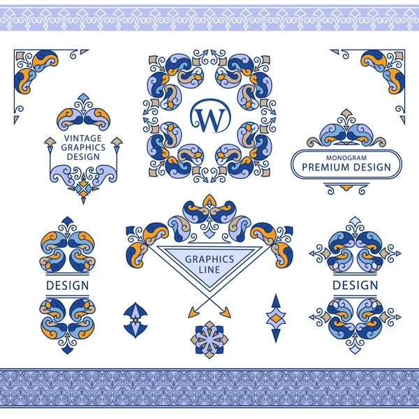 Set di cornici di linea e bordi per il modello di design. Elemento in stile orientale. lettera W. Colore cornici floreali. Mono line decor per inviti, biglietti di auguri, certificato. Illustrazione vettoriale — Vettoriale Stock