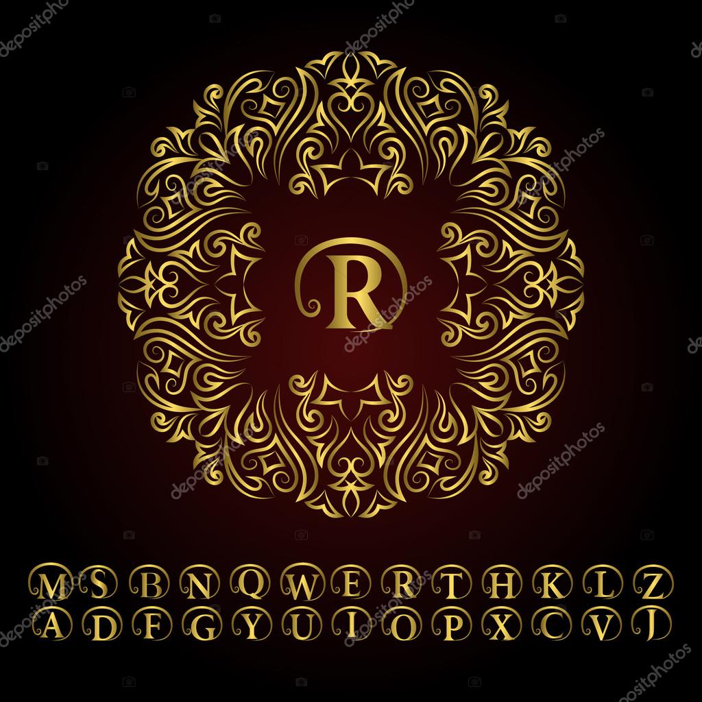Vector illustration of Vintage gold monogram. Abstract logo, alphabet . Vector template in trendy mono Line style. Letter emblem R. Design decor for company logo, Restaurant, Royalty, Boutique, Cafe, Hotel, cosmetics