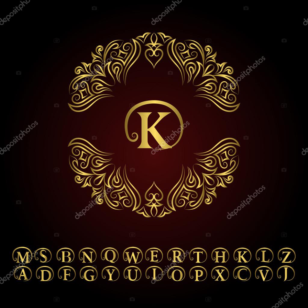 Vector illustration of Vintage gold monogram. Abstract logo, alphabet . Vector template in trendy mono Line style. Letter emblem K. Design decor for company logo, Restaurant, Royalty, Boutique, Cafe, Hotel, cosmetics