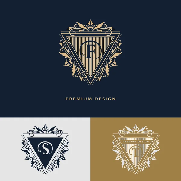 Luxury Logo template flourishes calligraphic elegant ornament lines. Letter F, S, T. Business sign, identity for Restaurant, Royalty, Boutique, Hotel, Heraldic, Jewelry, Fashion. Vector illustration — Stock Vector