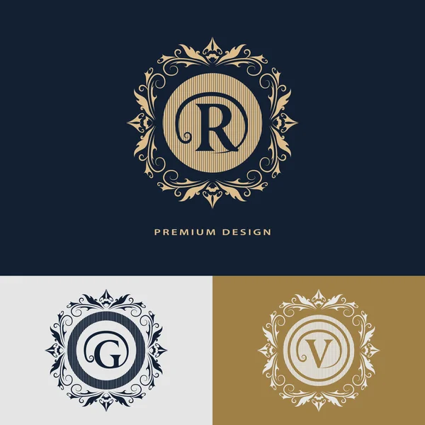 Luxury Logo template flourishes calligraphic elegant ornament lines. Letter R, G, V. Business sign, identity for Restaurant, Royalty, Boutique, Hotel, Heraldic, Jewelry, Fashion. Vector illustration — Stock Vector