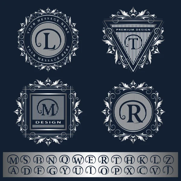 Plantilla Logo de lujo florece caligrafía elegantes líneas de adornos. Letra L, T, M, R. Conjunto de signos de negocio, identidad para Restaurante, Royalty, Boutique, Hotel, Heráldico, Joyas. Ilustración vectorial — Archivo Imágenes Vectoriales