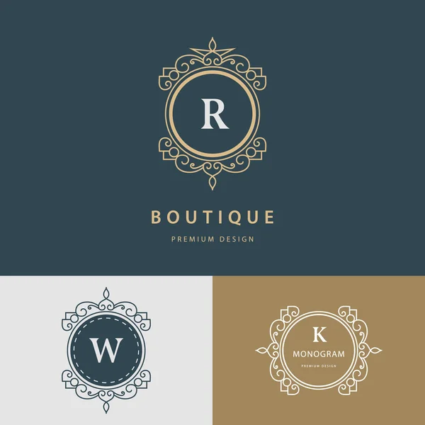 Modelo de logotipo de luxo floresce caligrafia linhas de ornamento elegantes. Carta R, W, K. Sinal de negócios, identidade para Restaurante, Royalty, Boutique, Hotel, Heráldico, Jóias, Moda. Ilustração vetorial — Vetor de Stock