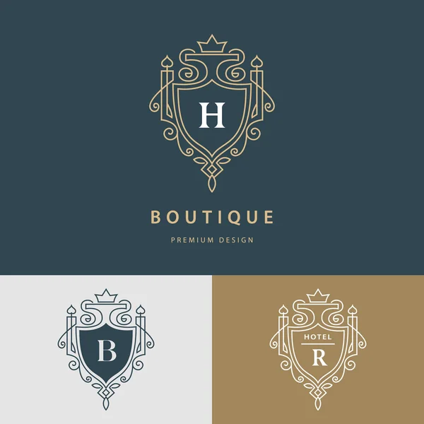 Monogram grafis garis. Desain logo seni kerajaan. Huruf H, B, R. Templat anggun. Tanda bisnis, identitas Restaurant, Royalty, Boutique, Cafe, Hotel, Heraldic, Jewelry, Fashion. Elemen vektor - Stok Vektor