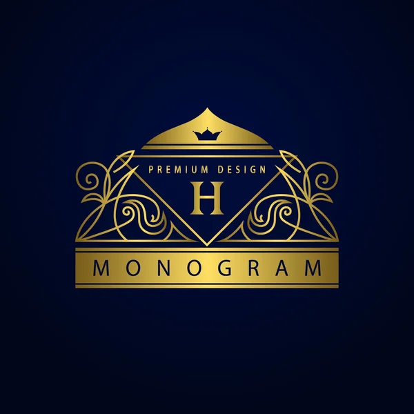 Eléments de conception monogramme, modèle gracieux. Design élégant de logo d'art de ligne. Cadre de dôme musulman. Emblème Or lettre H pour Restaurant, Web design, Boutique, Hôtel, Héraldique, Bijoux. Illustration vectorielle — Image vectorielle