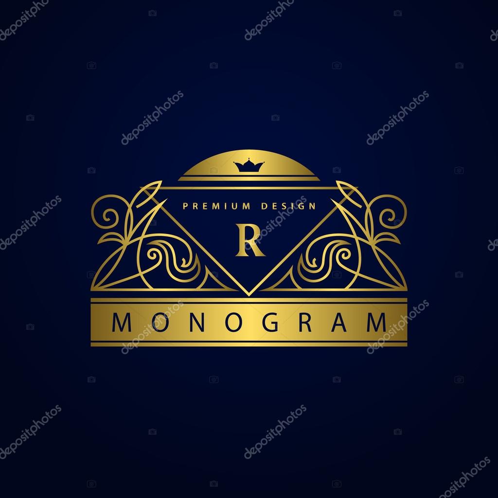 Vector illustration of Monogram design elements, graceful template. Elegant line art logo design. Beautiful frame. Gold Emblem letter R for Restaurant, Web design, Boutique, Hotel, Heraldic, Jewelry