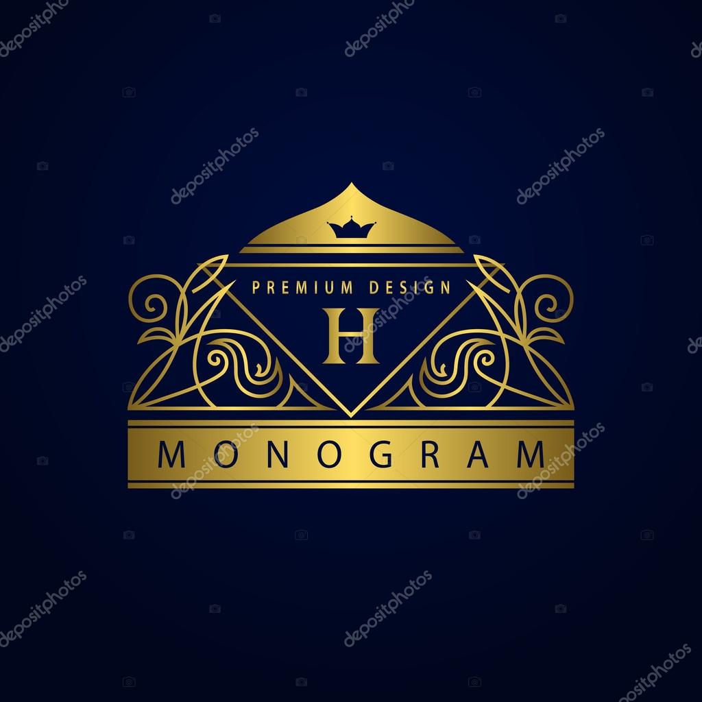 Vector illustration of Monogram design elements, graceful template. Elegant line art logo design. Muslim dome frame. Gold Emblem letter H for Restaurant, Web design, Boutique, Hotel, Heraldic, Jewelry