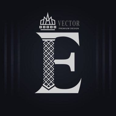 Zarif Büyük harf E. Zarif Kraliyet Stili. Yaratıcı Kaligrafik Güzel Logo. Kitap Tasarımı, Marka Adı, İş Kartı, Restoran, Butik, Otel için Klasik Tasarım Amblemi. Vektör illüstrasyonu