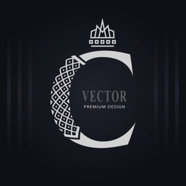 Zarif Büyük harf C Zarif Kraliyet Stili. Yaratıcı Kaligrafik Güzel Logo. Kitap Tasarımı, Marka Adı, İş Kartı, Restoran, Butik, Otel için Klasik Tasarım Amblemi. Vektör illüstrasyonu