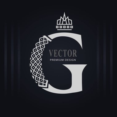 Zarif Büyük harf G. Zarif Kraliyet Stili. Yaratıcı Kaligrafik Güzel Logo. Kitap Tasarımı, Marka Adı, İş Kartı, Restoran, Butik, Otel için Klasik Tasarım Amblemi. Vektör illüstrasyonu