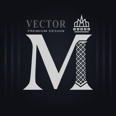 Zarif Büyük harf M. Zarif Kraliyet Stili. Yaratıcı Kaligrafik Güzel Logo. Kitap Tasarımı, Marka Adı, İş Kartı, Restoran, Butik, Otel için Klasik Tasarım Amblemi. Vektör illüstrasyonu
