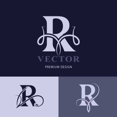 Zarif büyük harf R. Zarif stil. Yaratıcı Kaligrafik Güzel Logo. Kitap Tasarımı, Marka Adı, İş Kartı, Restoran, Butik, Otel için Klasik Tasarım Amblemi. Vektör illüstrasyonu