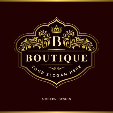 Monogram tasarım elementleri, zarif şablon. Kaligrafik zarif çizgi sanat logosu. Restoran, Kraliyet, Butik, Cafe, Otel, Heraldic, Mücevher, Moda, Şarap 'ın B harfi. Vektör illüstrasyonu