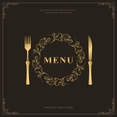 Lüks Restoran Menü Logo Şablonu. Altın çatal bıçak takımı. Zarif Çizilmiş Çatal ve Bıçak. Yazılı Yaratıcı Monogram. Kafe, Restoran, Bar için Broşür Tasarımı. Vektör illüstrasyonu